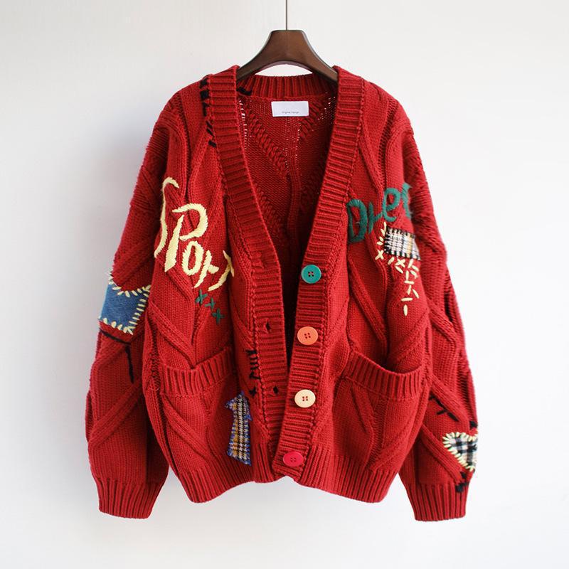 Women’s Cardigan – Chunky Knit – Oversized Fit – Embroidered – Ribbed Trim – Pockets