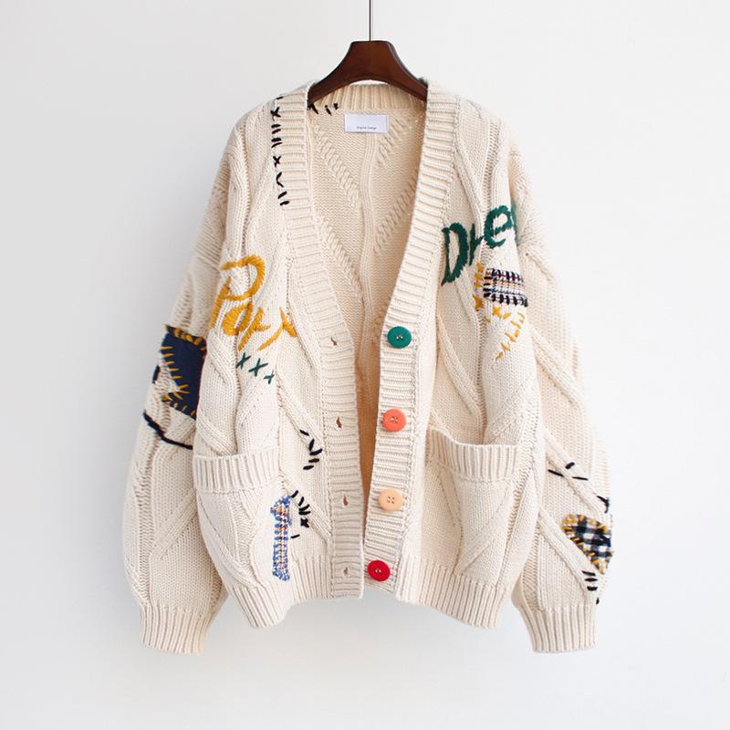 Women’s Cardigan – Chunky Knit – Oversized Fit – Embroidered – Ribbed Trim – Pockets