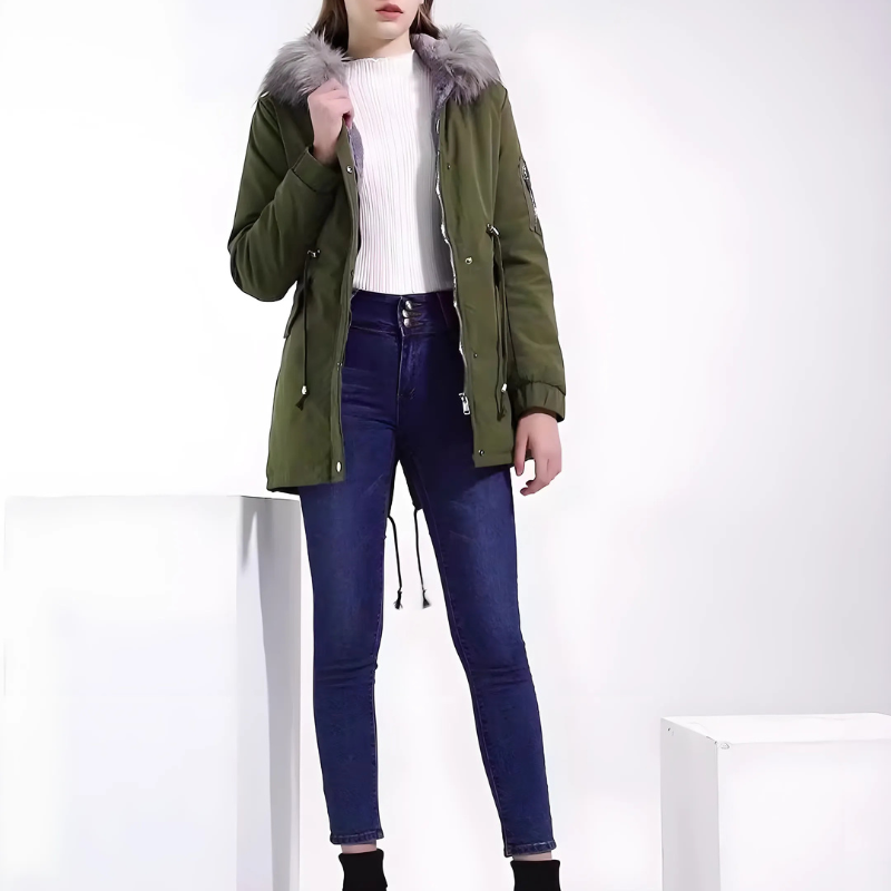Women’s Parka Coat – Mid-Length Regular Fit – Faux Fur Hood – Insulated – Adjustable Waist