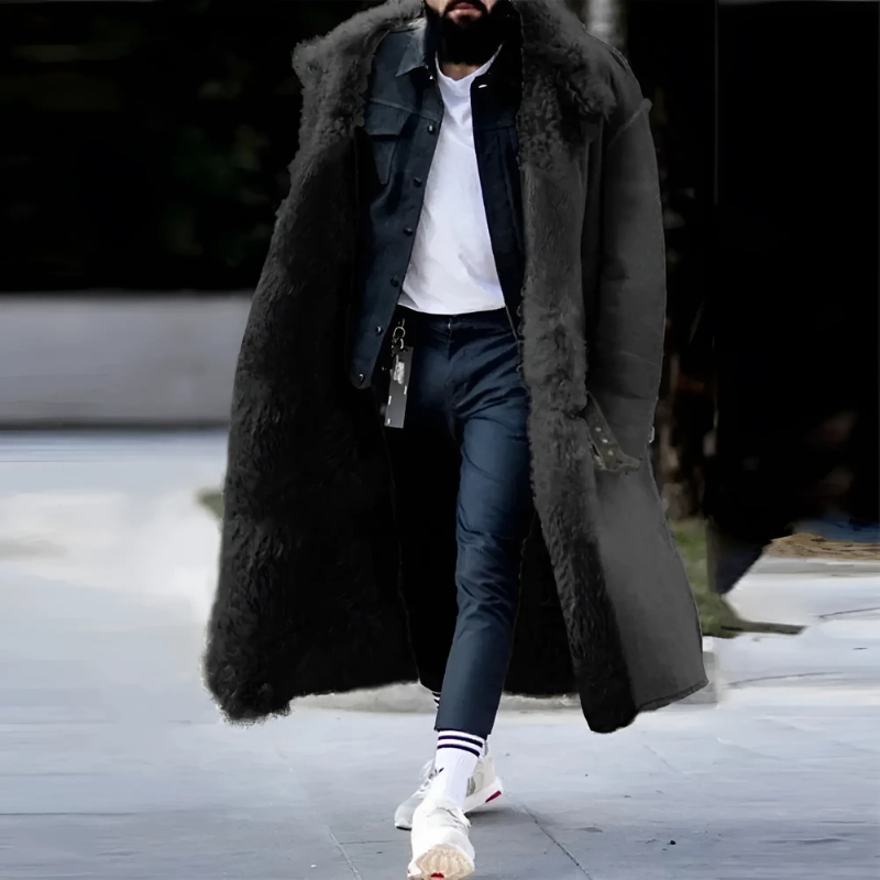Men’s Longline Trench Coat – Oversized Fit – Shearling Lined – Insulated Warm Outerwear