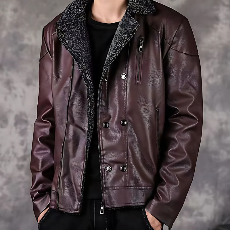 Men’s Faux Leather Jacket – Structured Fit – Shearling Lined – Quilted Shoulders