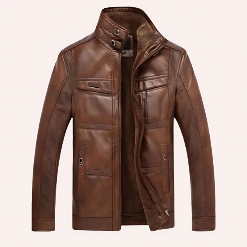 Men’s Leather Jacket – Slim Fit – Plush Lined – High Collar – Multiple Pockets