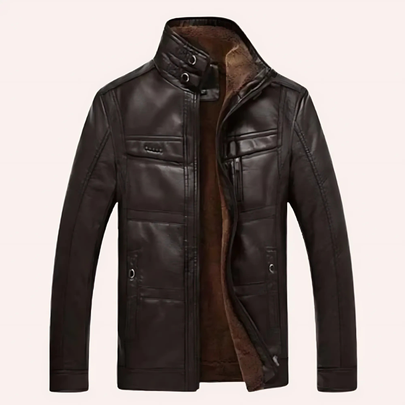 Men’s Leather Jacket – Slim Fit – Plush Lined – High Collar – Multiple Pockets