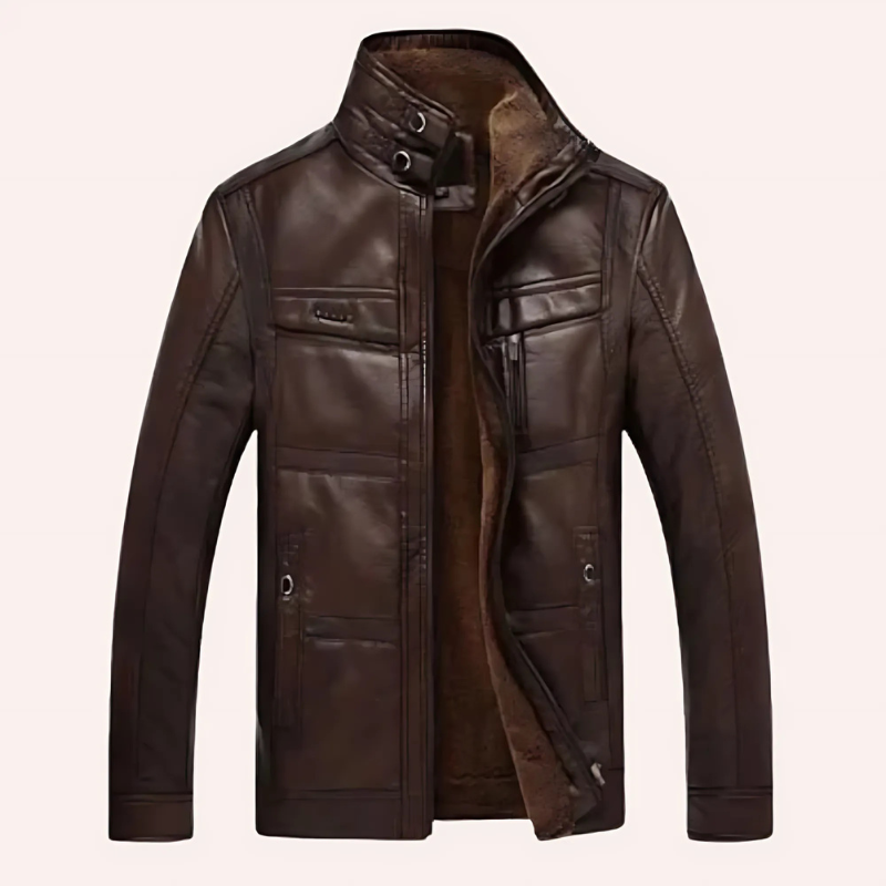 Men’s Leather Jacket – Slim Fit – Plush Lined – High Collar – Multiple Pockets