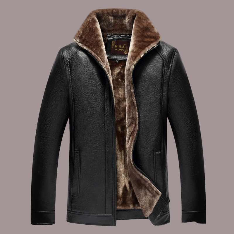 Men’s Leather Jacket – Structured Fit – Fuzzy Lining – Wide Collar – Zip Front