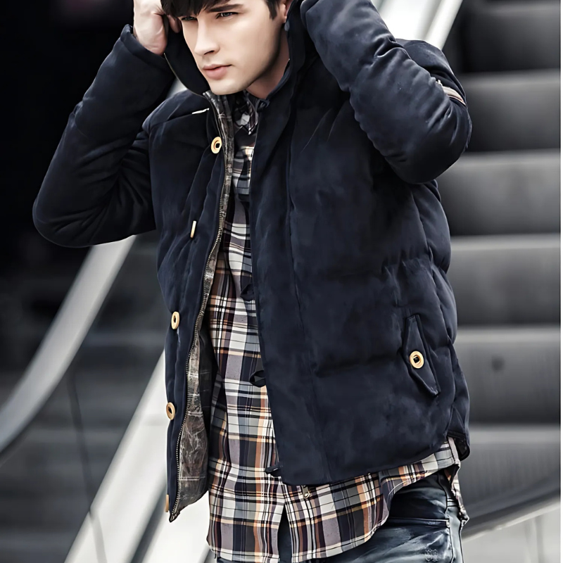 Men’s Padded Coat – Relaxed Fit – Insulated – Zip & Button Closure – High Collar