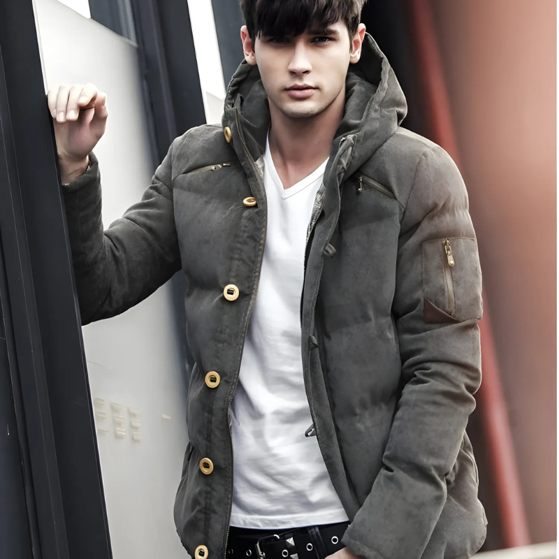 Men’s Padded Coat – Relaxed Fit – Insulated – Zip & Button Closure – High Collar