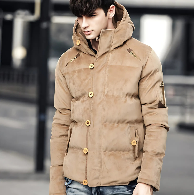 Men’s Padded Coat – Relaxed Fit – Insulated – Zip & Button Closure – High Collar