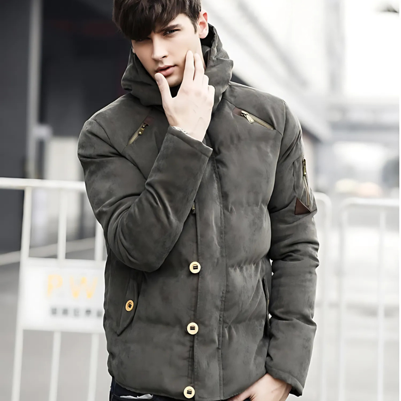 Men’s Padded Coat – Relaxed Fit – Insulated – Zip & Button Closure – High Collar