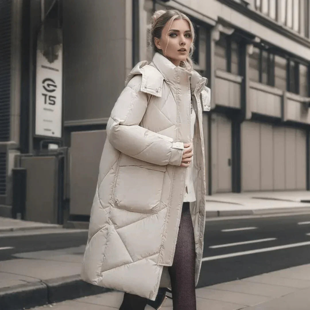 Women’s Quilted Coat – Oversized Fit – Padded Mid-Length – Hooded High Collar
