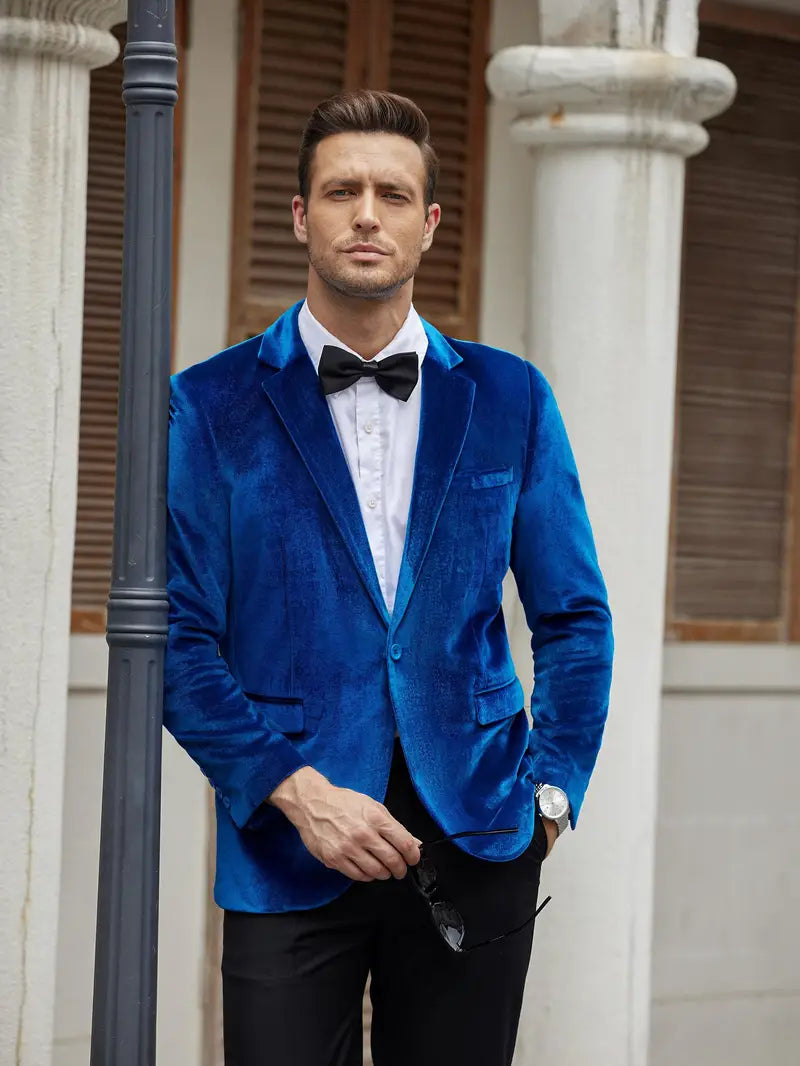 Men’s Formal Blazer – Tailored Fit – Velvet Finish – Satin Lapel – Single Button