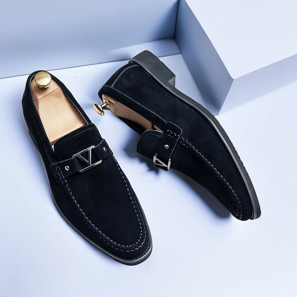 Men’s Slip-On Loafers – Suede Look – Streamlined Fit – Metal Detail – Classic Design