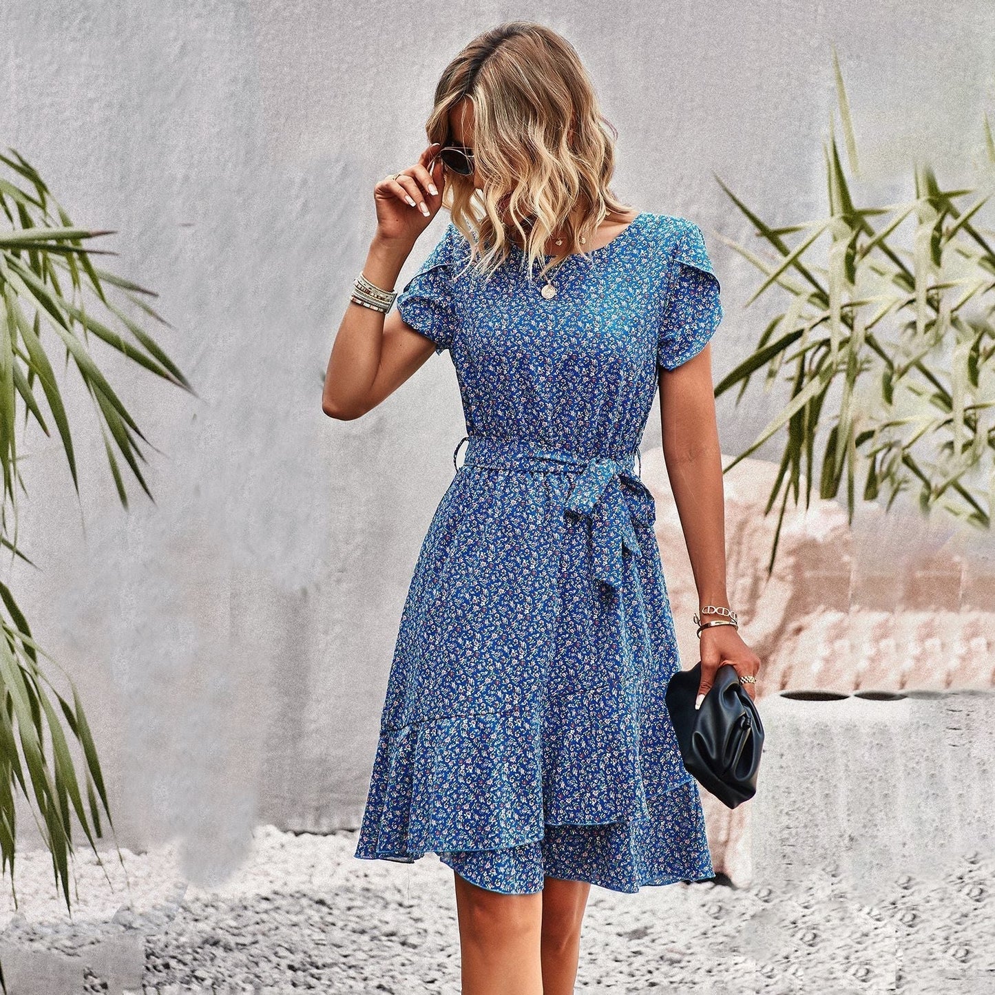 Aurora® | Floral dress with belt and ruffles