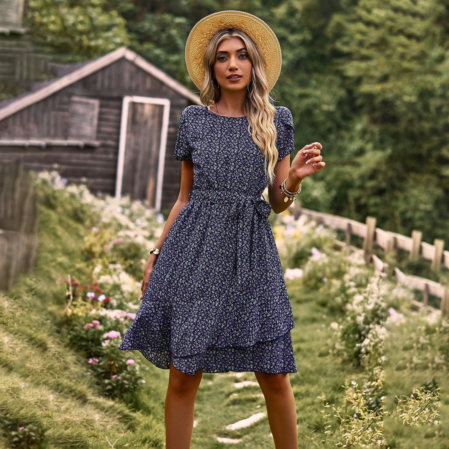 Aurora® | Floral dress with belt and ruffles