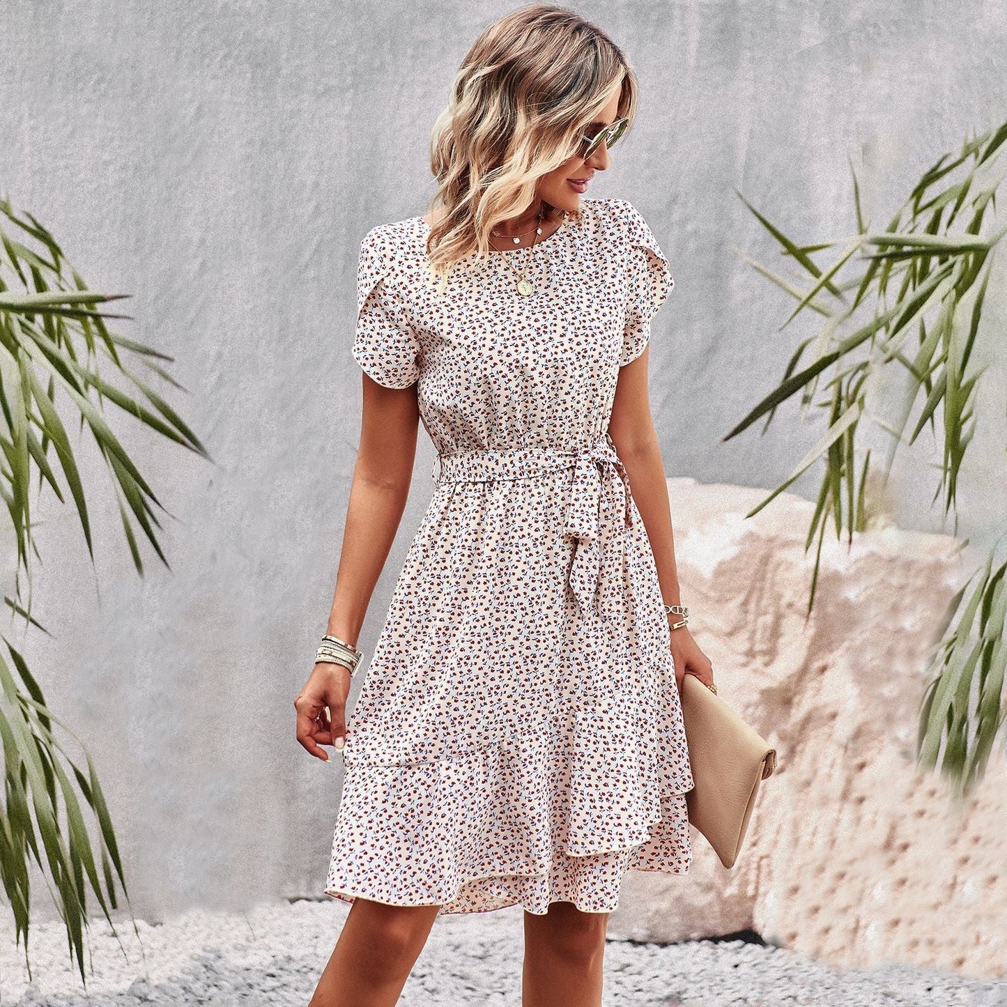 Aurora® | Floral dress with belt and ruffles