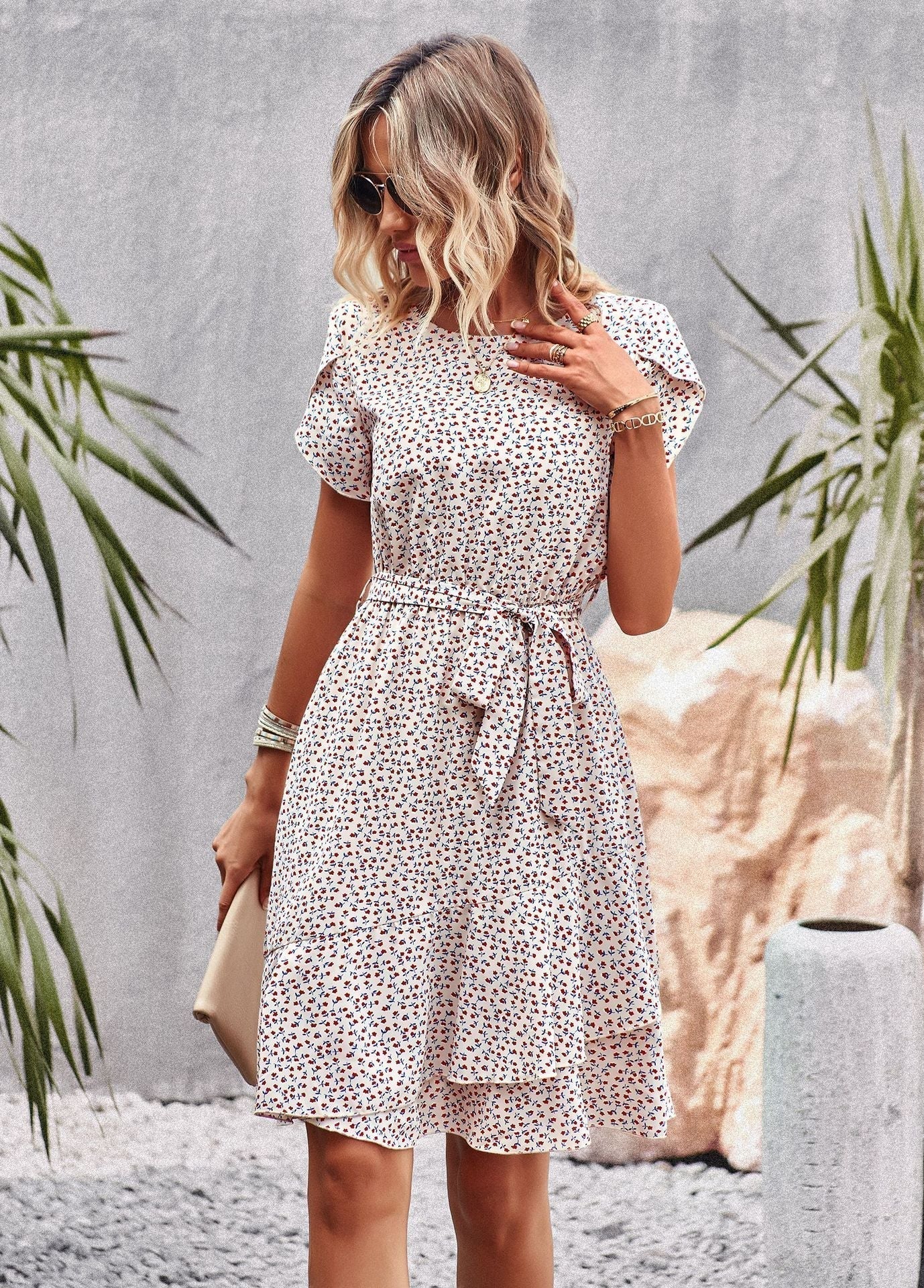 Aurora® | Floral dress with belt and ruffles