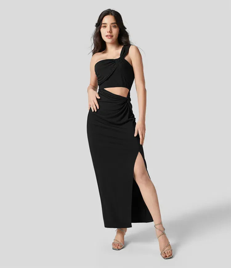 Cielo® | Long black dress with a slit and one shoulder