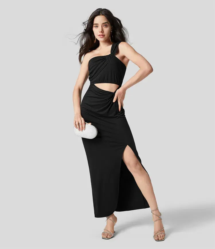 Cielo® | Long black dress with a slit and one shoulder