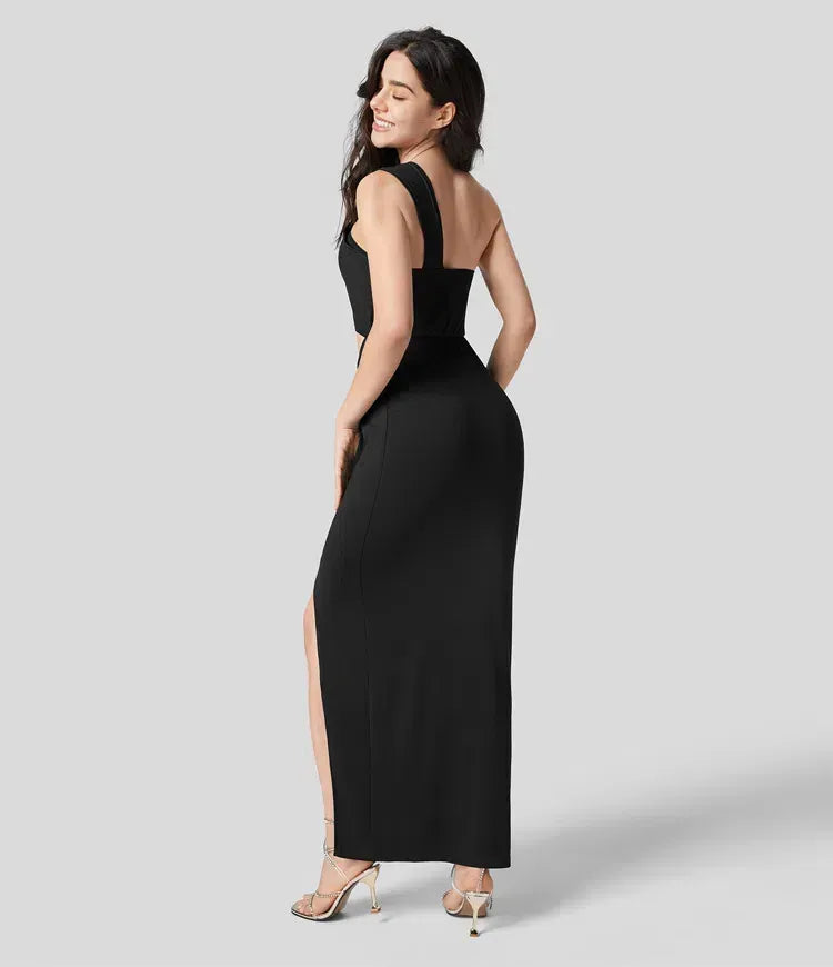 Cielo® | Long black dress with a slit and one shoulder