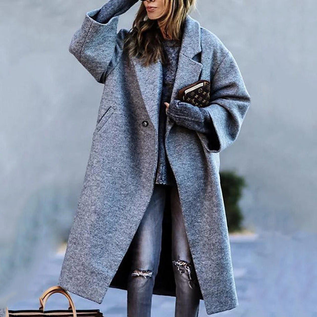 Women’s Long Coat – Wool Blend – Oversized Fit – Single Button – Color block Style