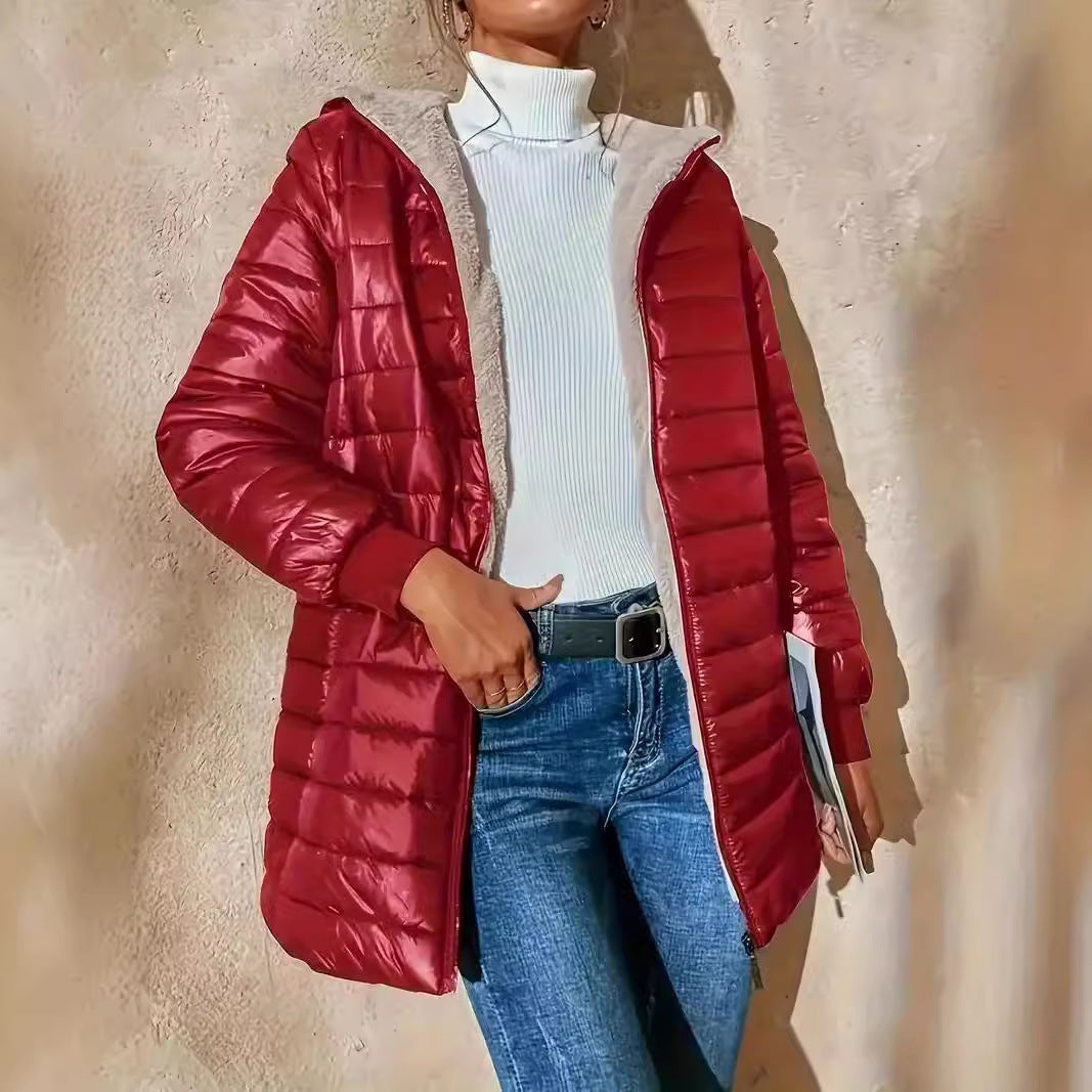 Women’s Quilted Jacket – Relaxed Fit – Fleece Lined – Hooded – Ribbed Cuffs – Zip Front