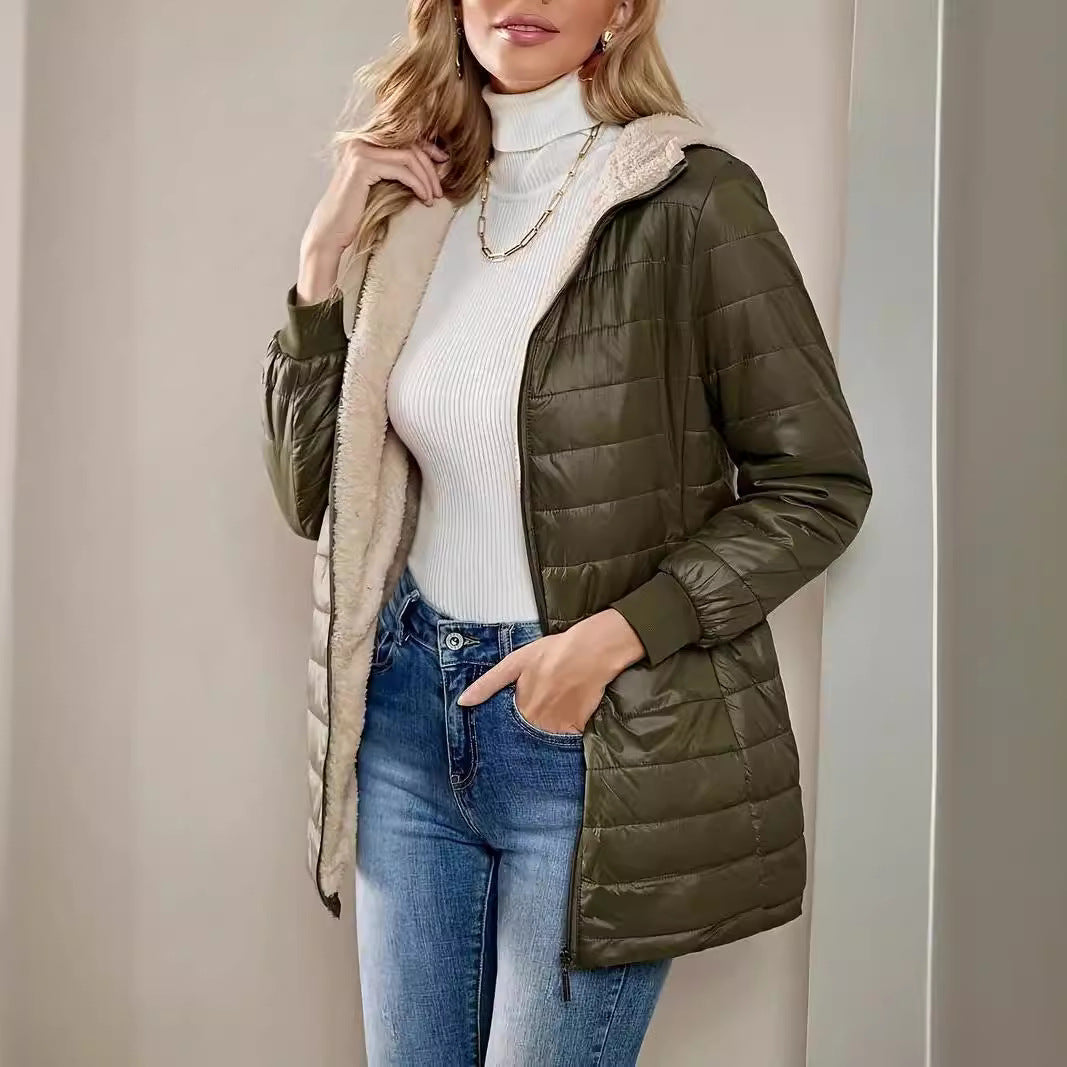 Women’s Quilted Jacket – Relaxed Fit – Fleece Lined – Hooded – Ribbed Cuffs – Zip Front