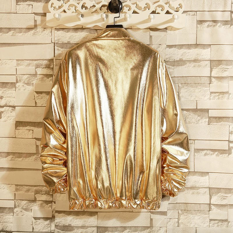 Men’s Jacket – Glossy Finish – Loose Fit – Collarless Zip-Up – Streetwear Style