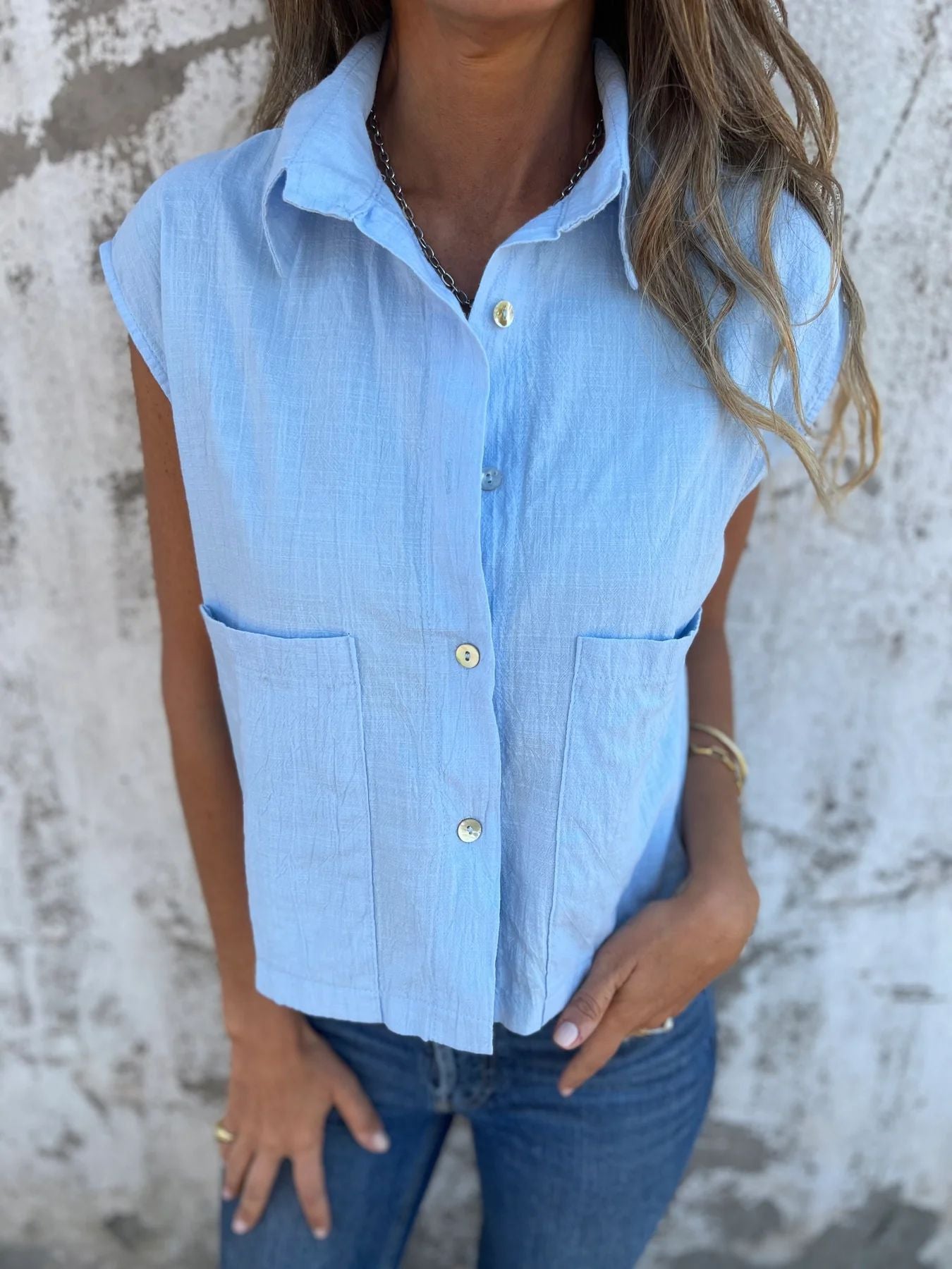 Amarante® | Women'S Denim Button Down Blouse, Short Sleeves