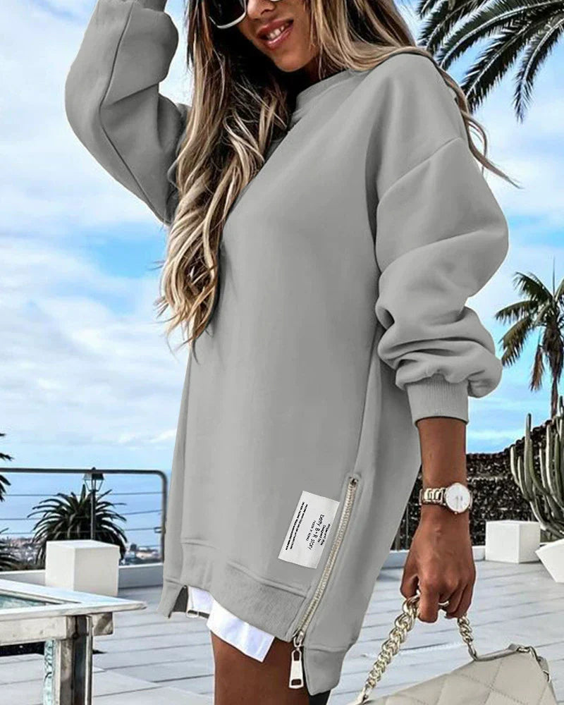 Women’s Sweater Dress – Oversized Fit – Knit Texture – Side Zip – Mini Length
