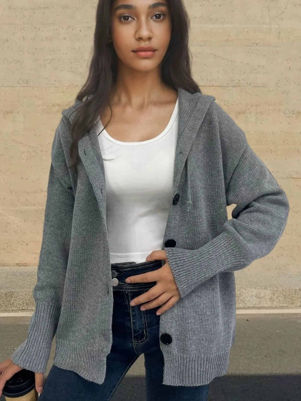 Women’s Hooded Sweater – Knit Fabric – Relaxed Fit – Button Front – Ribbed Trim