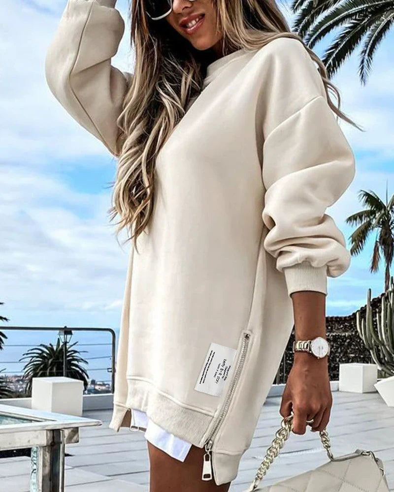 Women’s Sweater Dress – Oversized Fit – Knit Texture – Side Zip – Mini Length