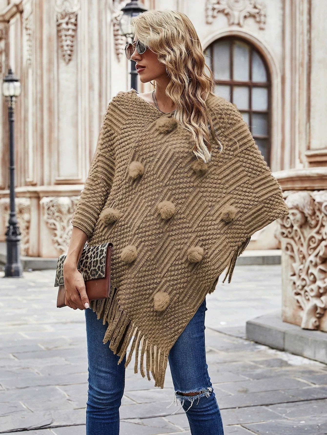 Women’s Shawl Sweater – Relaxed Fit – Knit Wool – Fur Ball & Tassel Trim
