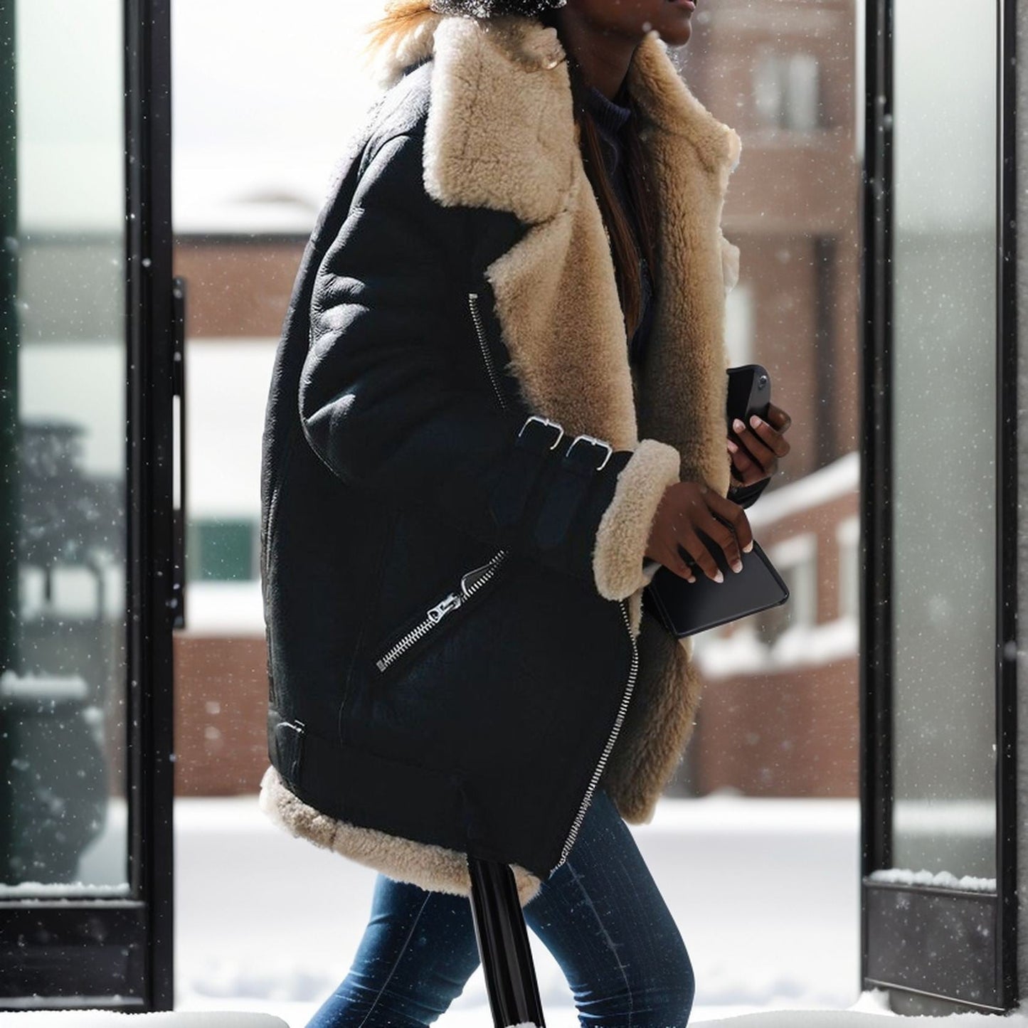 Women’s Coat – Oversized Fit – Faux Fur Collar – Cotton Feel – Zip Detail – Mid Length