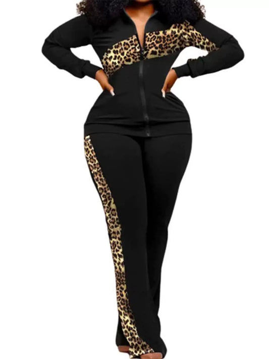 Women’s Two-Piece Trousers Suit – Slim Fit – Animal Print – Zip Jacket – Stretch Fabric