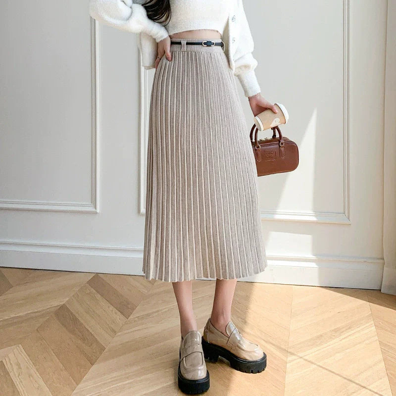 Women’s Midi Skirt – Wool Blend – Pleated Slim Fit – A-Line with Belt Detail