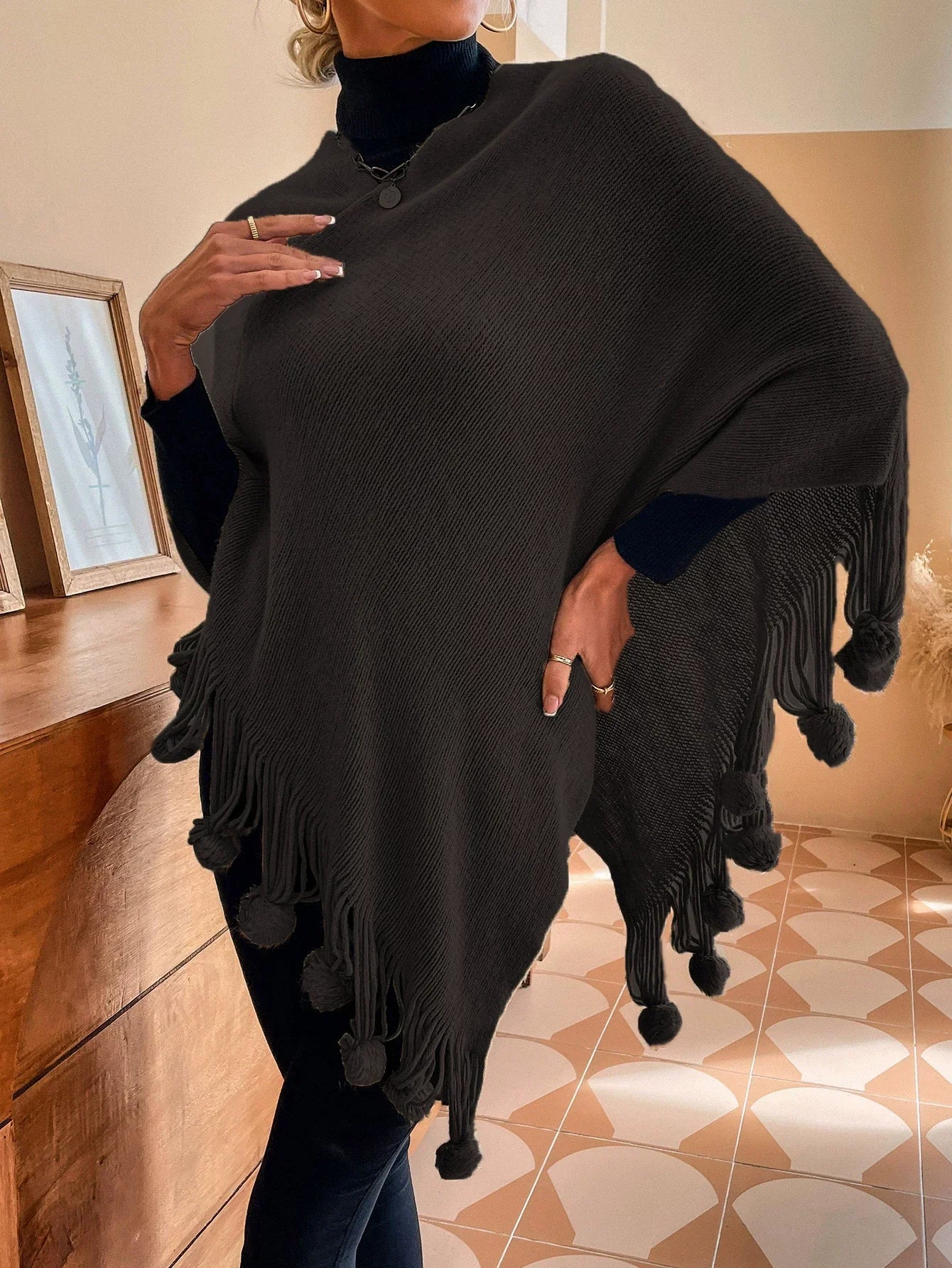 Women’s Shawl Sweater Cape – Knitted Cotton Blend – Relaxed Fit – Tassel Fringe Pom-Poms