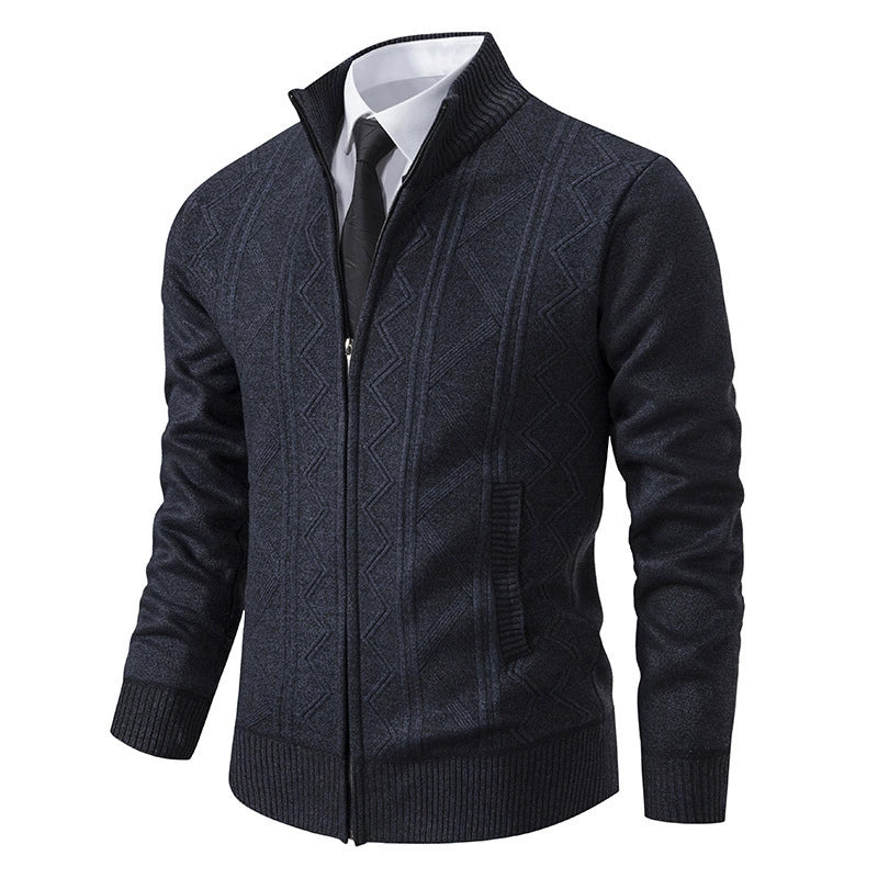 Men’s Cardigan Jacket – Wool Knit – Tailored Fit – Stand Collar – Zipper Closure