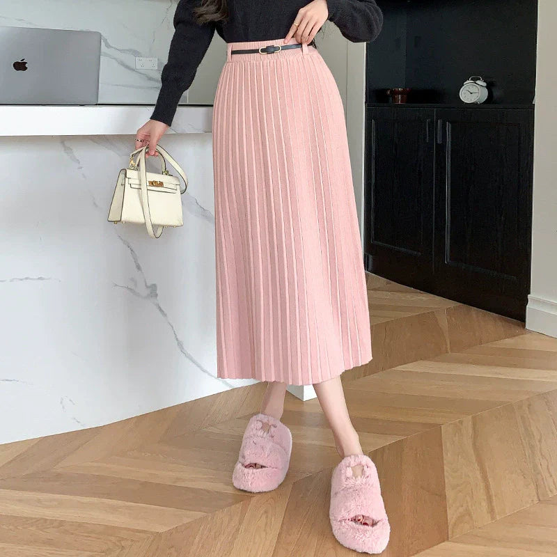 Women’s Midi Skirt – Wool Blend – Pleated Slim Fit – A-Line with Belt Detail
