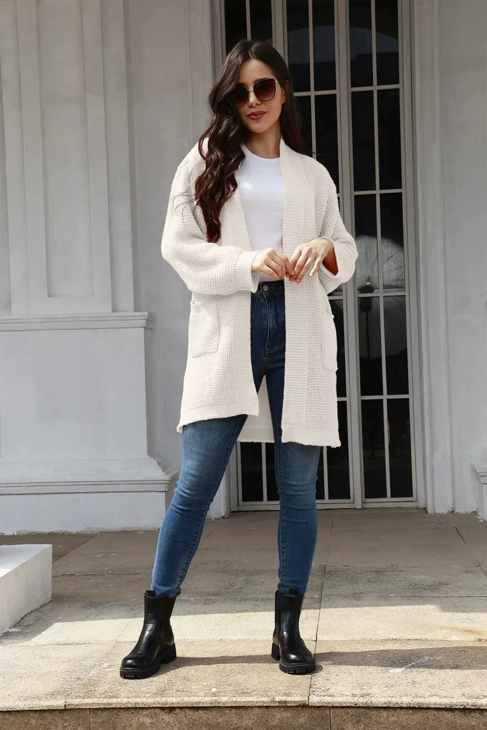 Women’s Cardigan – Relaxed Fit – Knitted Texture – Open Front – Mid-Length with Pockets