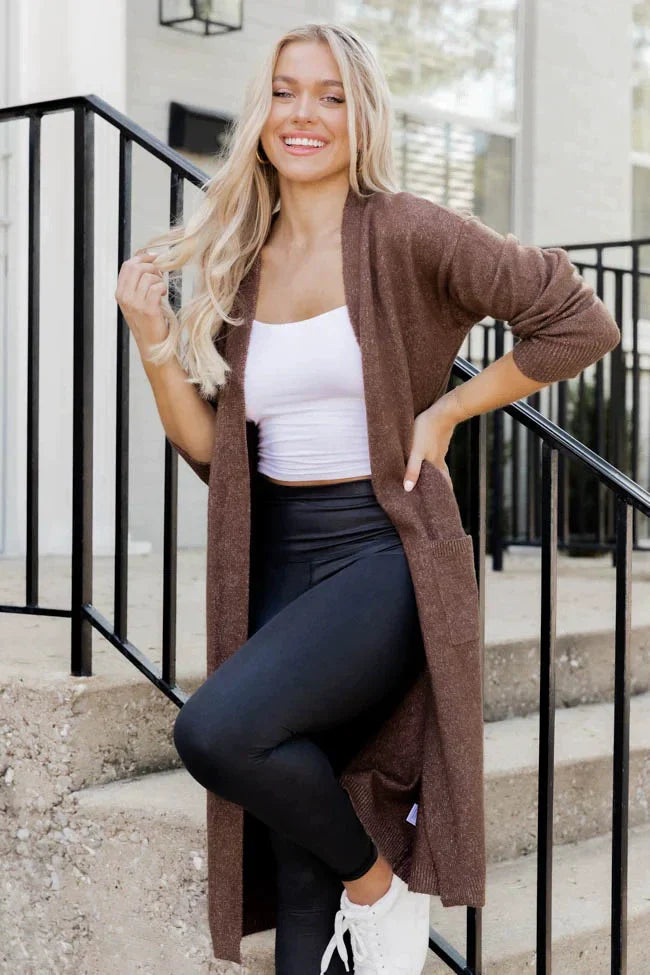 Women’s Long Cardigan – Knitted Soft Feel – Relaxed Fit – Open Front with Pockets