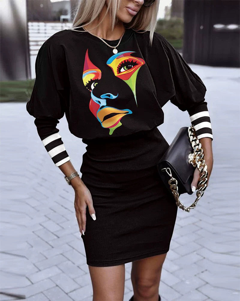 Women’s Mini Dress – Geometric Print Top – Slim Fit Skirt – Long Sleeve – Round Neck
