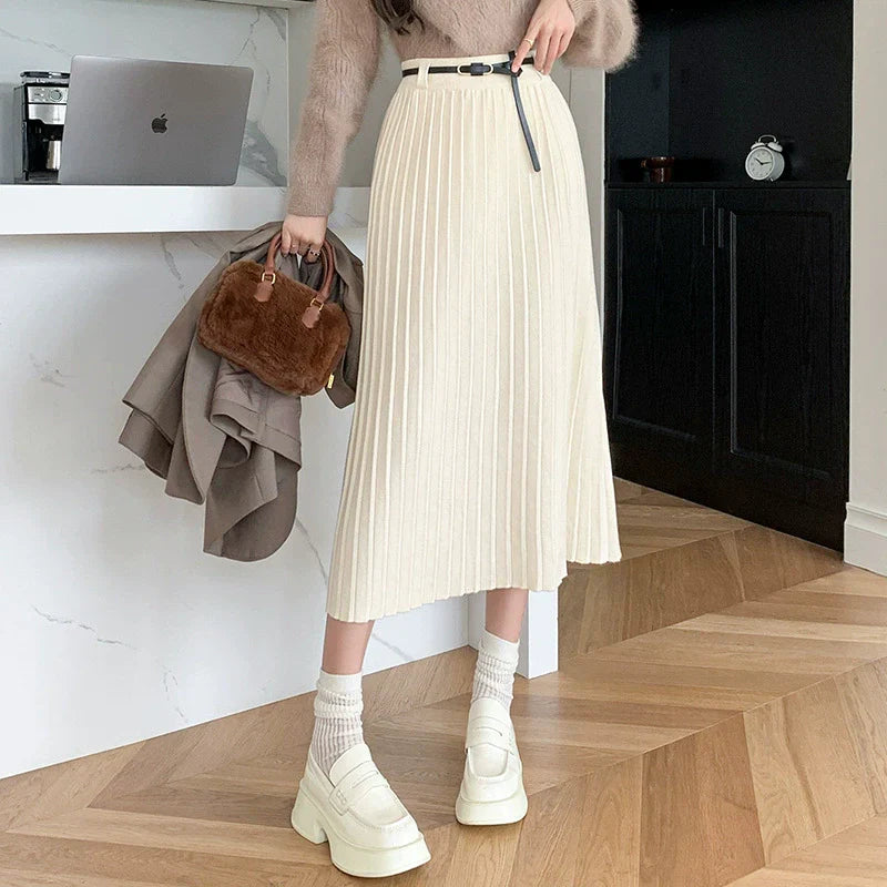 Women’s Midi Skirt – Wool Blend – Pleated Slim Fit – A-Line with Belt Detail