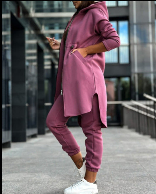 Women’s Tracksuit Set – Relaxed Fit – Longline Zip Hoodie – Cotton Blend Joggers