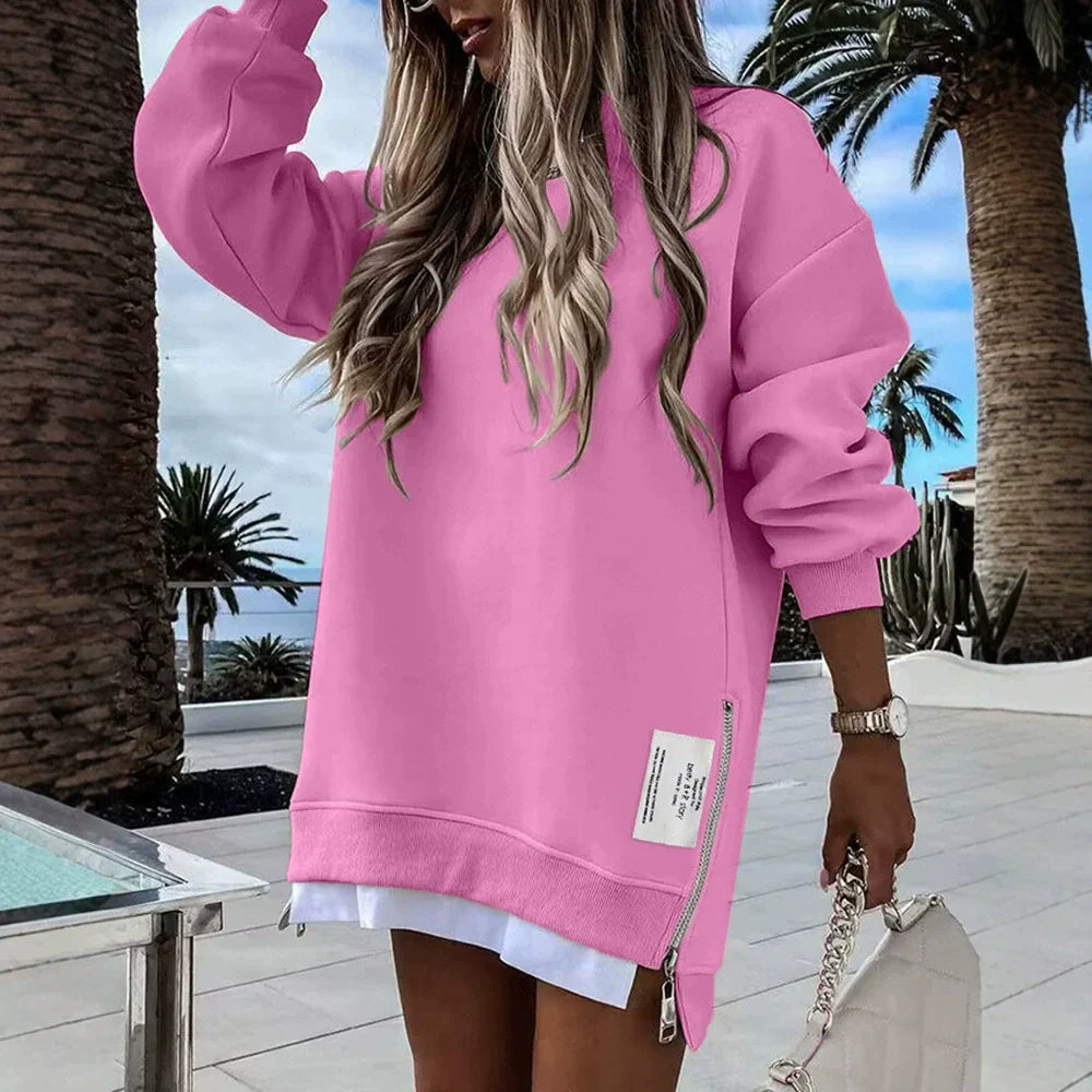 Women’s Sweatshirt Dress – Oversized Fit – Cotton Blend – Zipper Detail – Mini Length