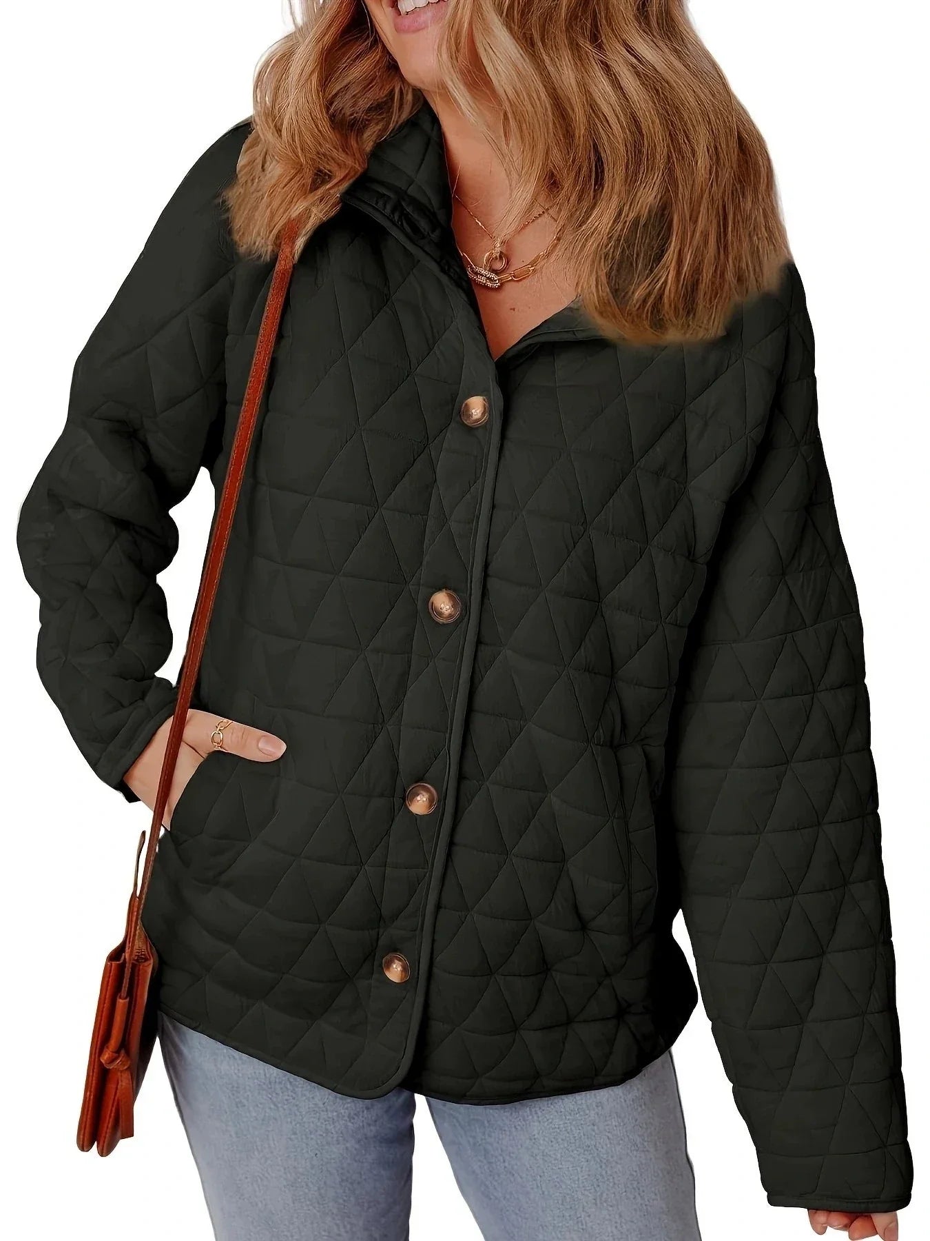 Women’s Quilted Coat – Cotton – Oversized Fit – Button Front – Mid Length