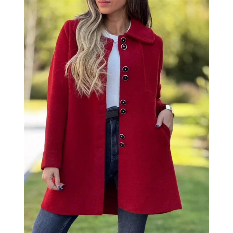 Women’s Wool Coat – Structured Fit – Broad Collar – Single Breasted – Mid Length