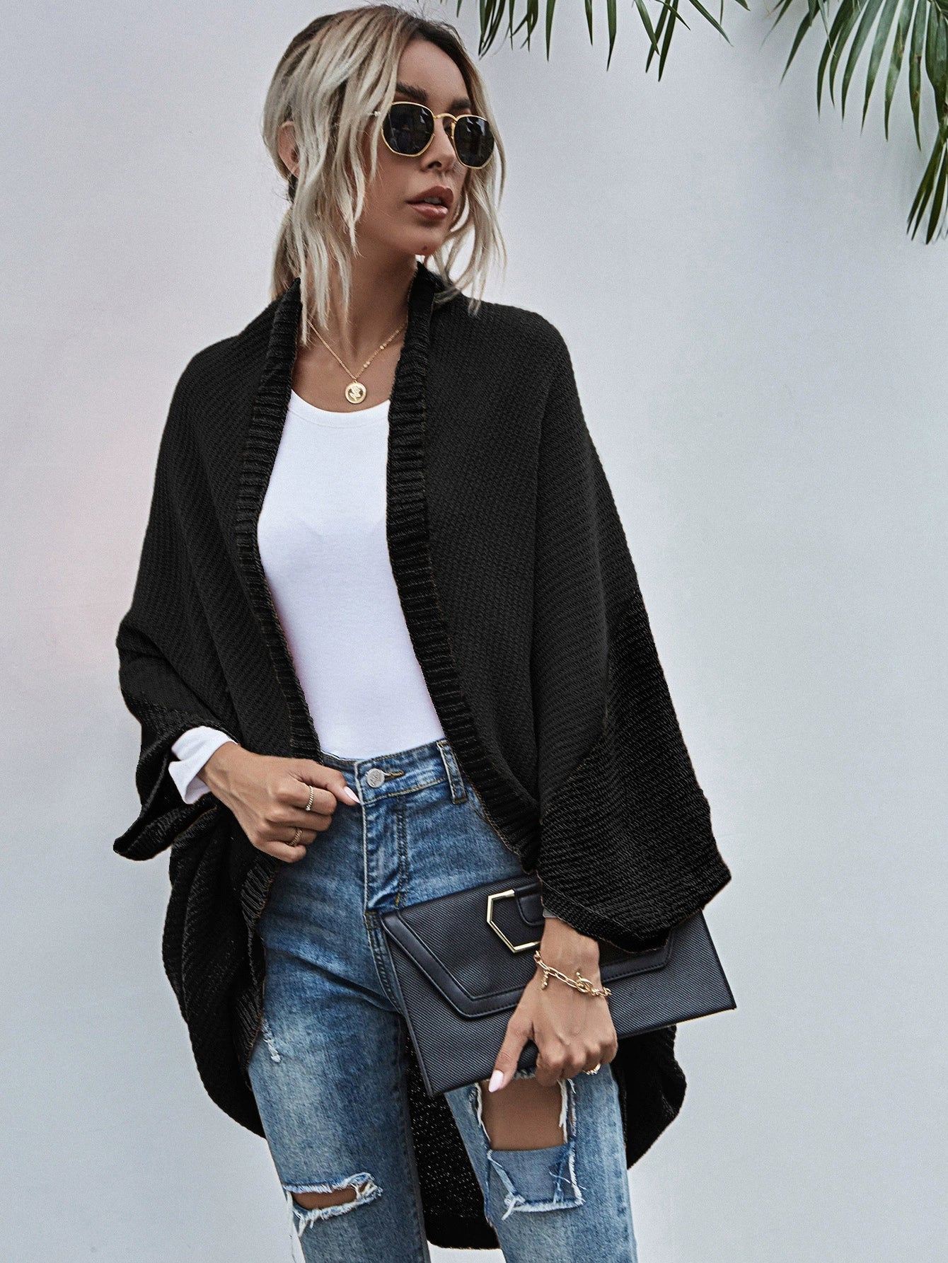 Women’s Cardigan Sweater – Oversized Fit – Wool Knit – Open Front – Batwing Sleeves