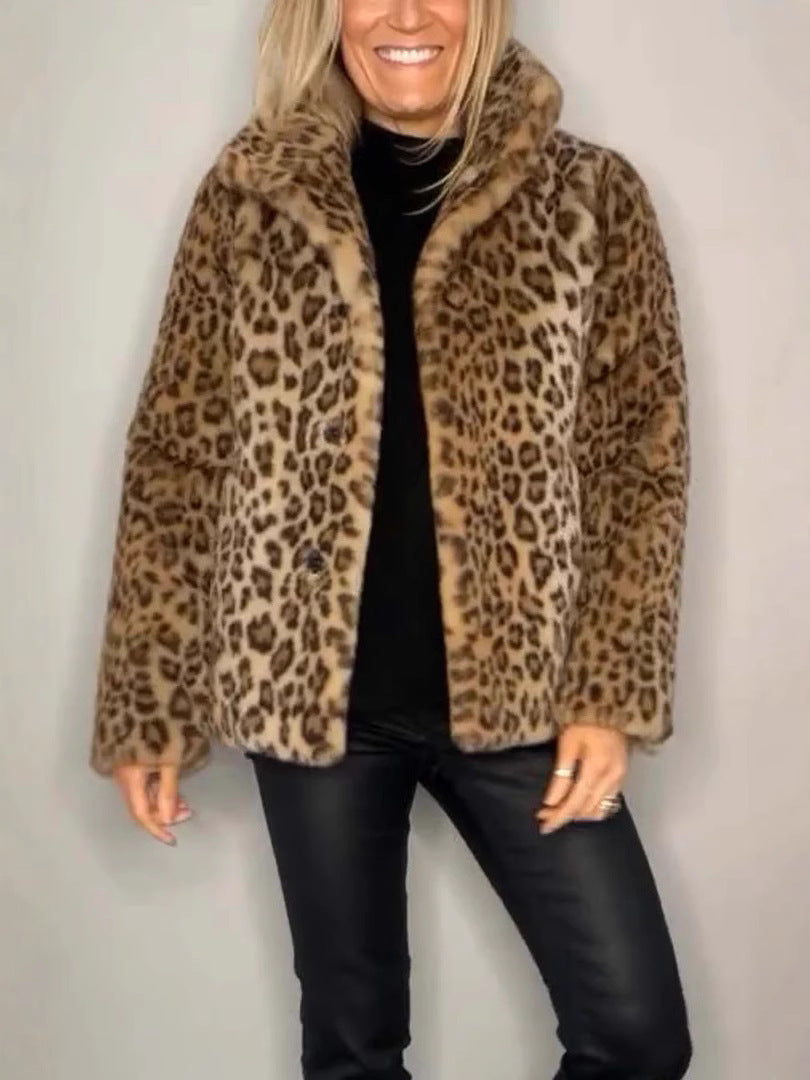 Women’s Coat – Faux Fur – Oversized Fit – Notched Collar – Leopard Print – Casual