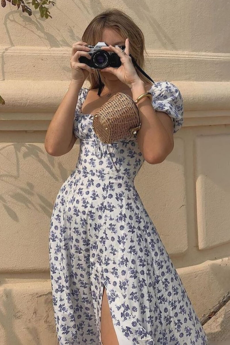 Angela® | “Venice” midi dress with opening in the puff sleeves