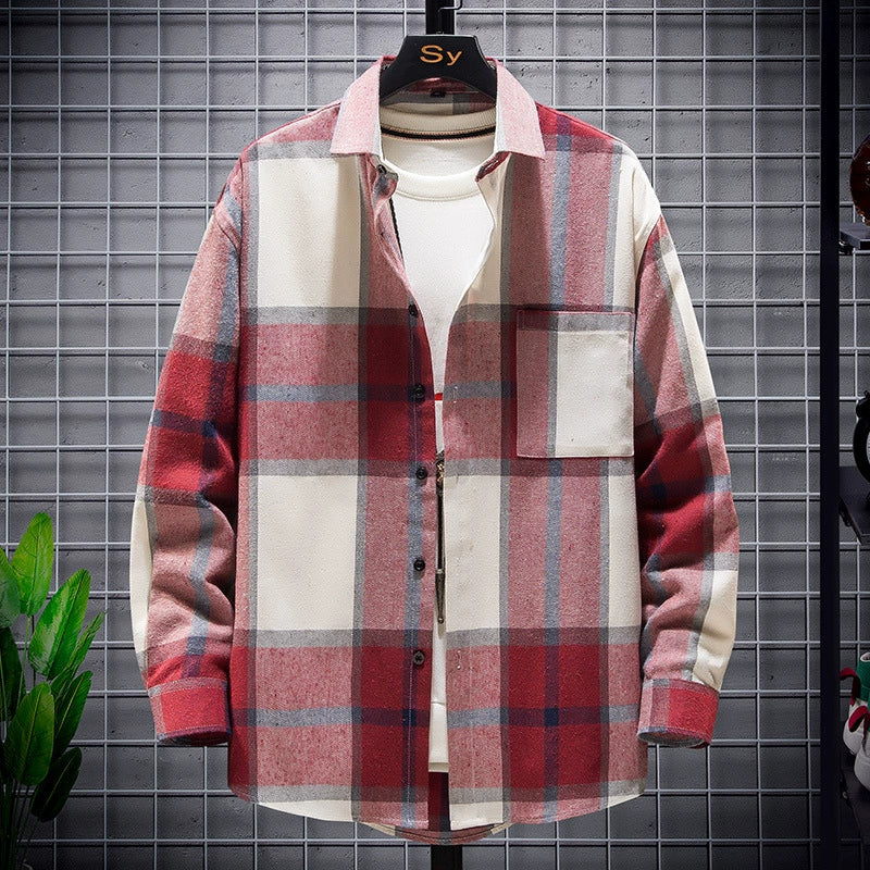 Men’s Plaid Shirt – Loose Fit – Long Sleeve – Button-Up Cotton Casual Style